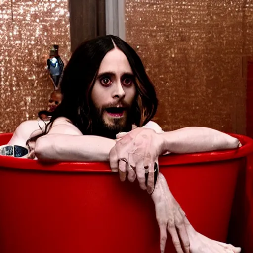 Image similar to jared leto sitting in a bathtub full of oscars after his performance in morbius