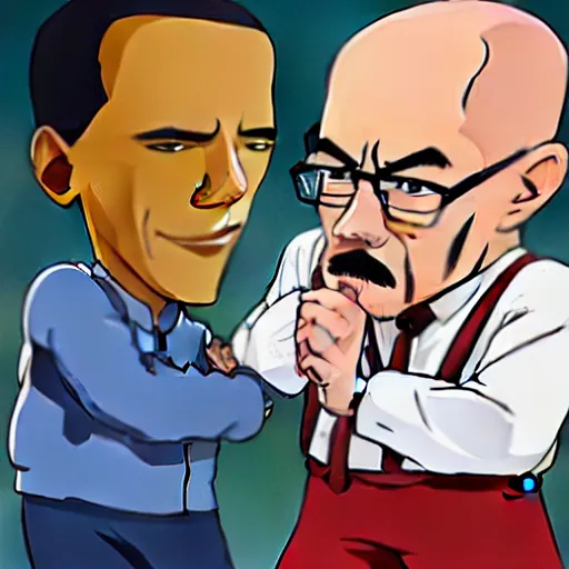 Prompt: Walter White fighting Barack Obama, epic anime style