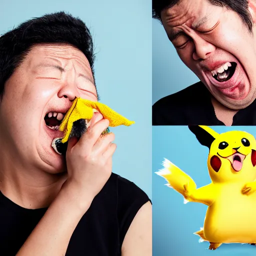 Image similar to portrait sneezing mid - sneeze detective sneezing pikachu mid - sneeze wiping face with rag at a photoshoot studio lighting