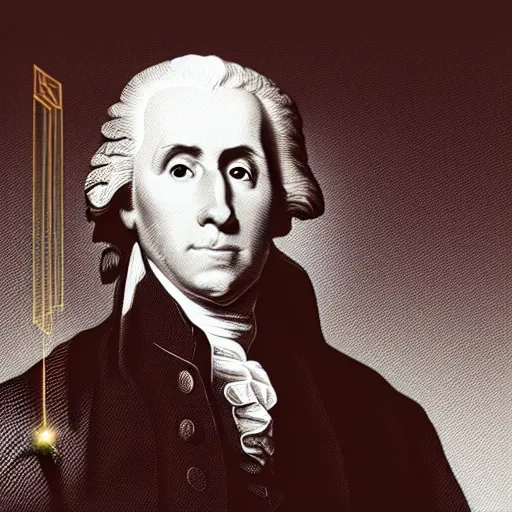 Image similar to “ unreal engine 5 render of a founding father with the declaration of independence with lasers coming out of the clouds, digital art ”