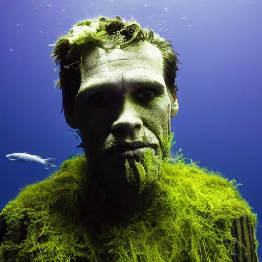 Image similar to Award-winning photograph by Mar Mann. The photo depicts a decaying roman bust of Jim Carrey overgrown with moss at the bottom of the sea in the middle of ruins of civilization. Minimalism, high definition, perfect composition. Deep sea picture. Very dark. Volumetric Lighting. Fish. Darkness. Ruins