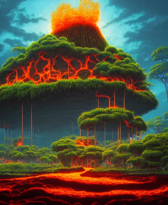 Image similar to simplicity, an simple structure made out of exotic fungus, overgrown with lush floral jungle, partly cloudy, hellscape, hell, fire, brimstone, lava, by dan mumford, yusuke murata, makoto shinkai, ross tran, cinematic, unreal engine, cel shaded, featured on artstation, pixiv