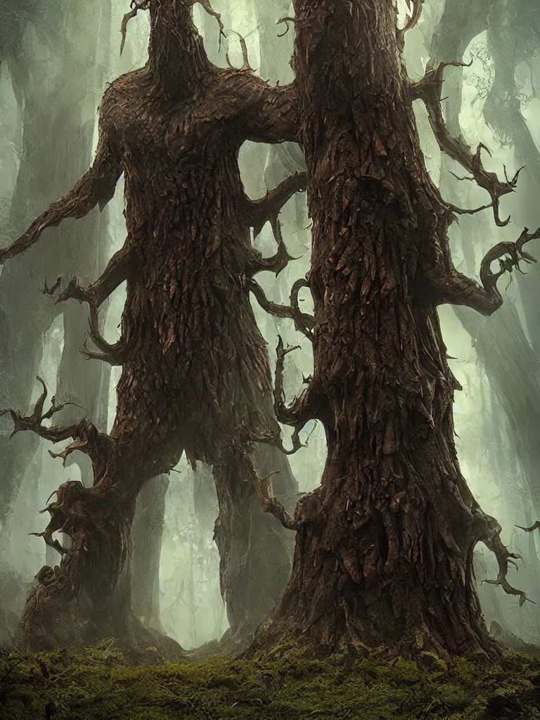 Prompt: Vengeful redwood tree-monster, humanoid!!, burly, walking, deforestation, high fantasy, matte painting, midjourney!