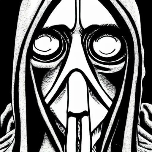 Image similar to hooded man with concealed face, junji ito,