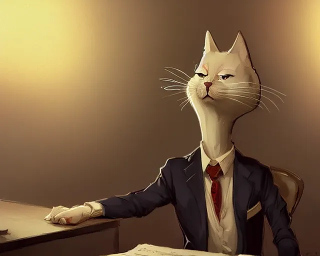 Prompt: anthropomorphic cat as a hard working lawyer in an office, professional business suit, by greg rutkowski and frank frazetta, intricate, artstation, cinematic, style of magic : the gathering