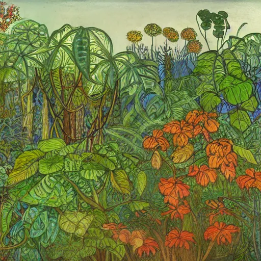 Prompt: jungle scene, leaves, vines, flowers, intricate details, volumetric lighting, vivid colors, panorama, Artwork by Elsa Beskow