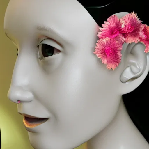 Image similar to female robot face with flower antennas