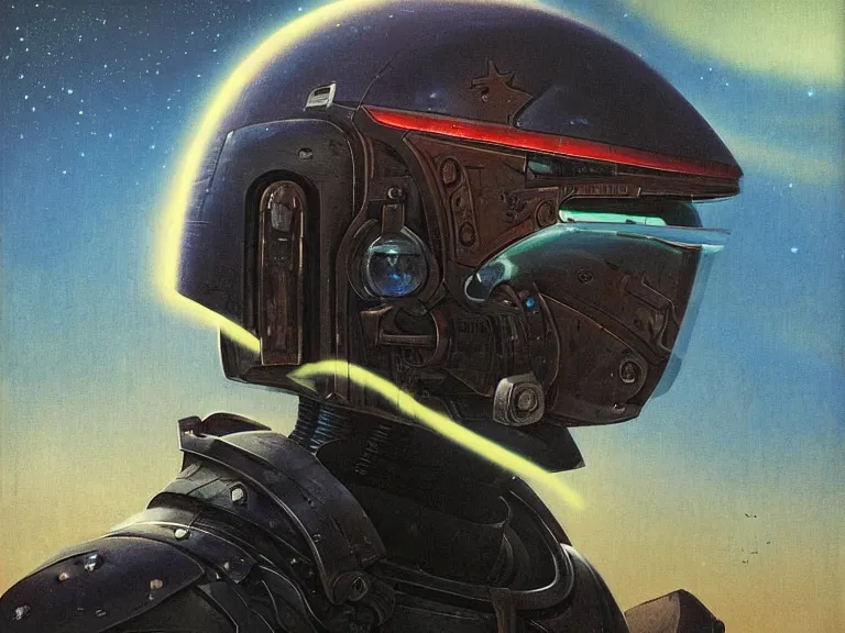 Image similar to a detailed profile painting of a bounty hunter in armour and visor, cinematic sci-fi poster. Spaceship high in the background. Flight suit, anatomy portrait symmetrical and science fiction theme with lightning, aurora lighting clouds and stars. Clean and minimal design by beksinski carl spitzweg and tuomas korpi. baroque elements. baroque element. intricate artwork by caravaggio. Oil painting. Trending on artstation. 8k