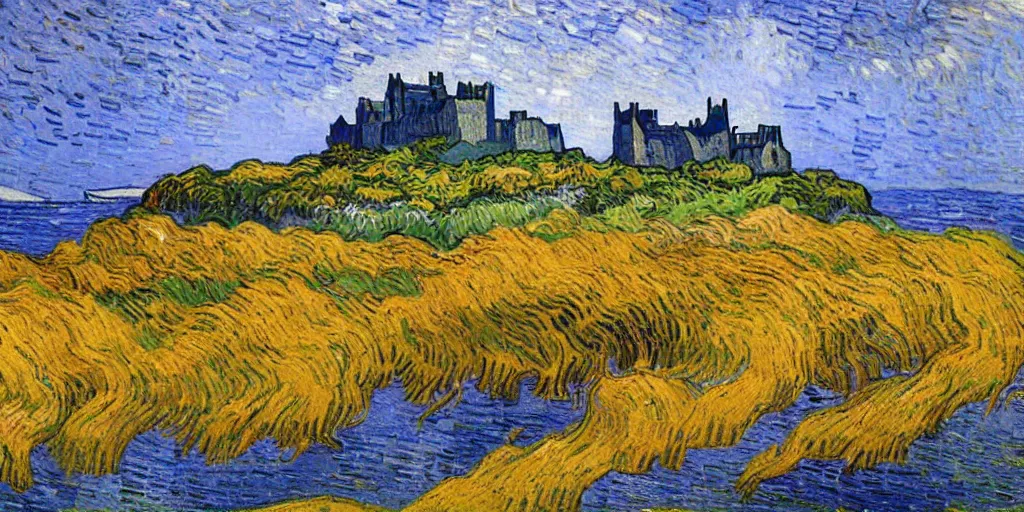 Image similar to bamburgh castle and beach painted by Vincent Van Gogh, wide brush strokes