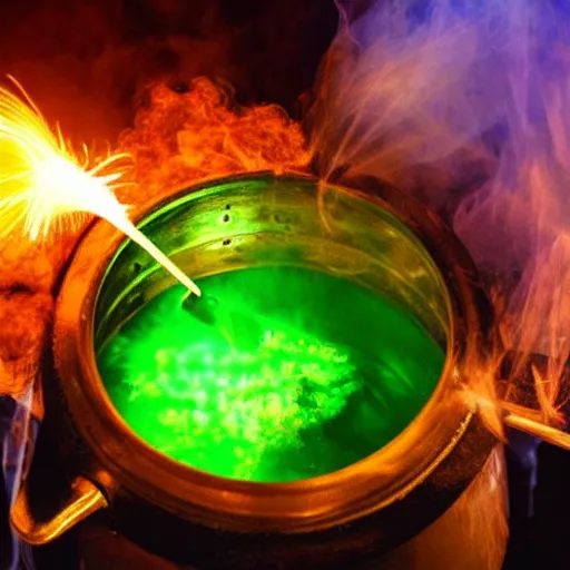 Image similar to smoke and sparks erupting from a magical neon potion brewing in a cauldron.