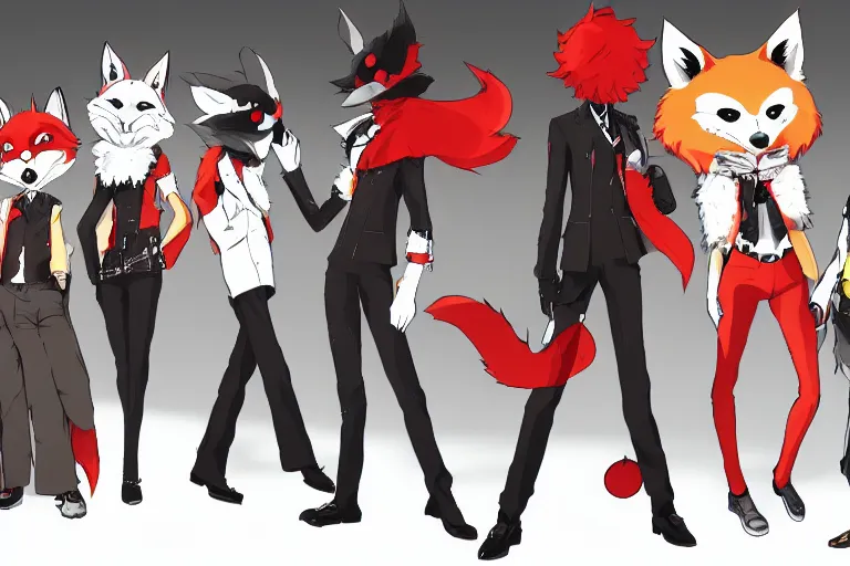 Prompt: a furry tan fox on a persona 5 : royal ( by atlus ) video game splash screen, a furry male sandcolored tan fox fursona ( has hair ), persona 5 phantom thief style