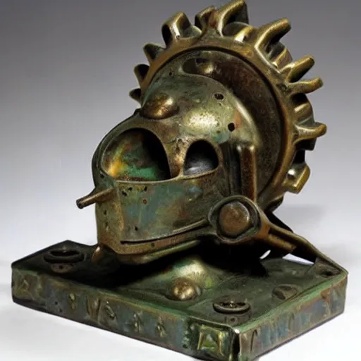 Image similar to a martian artifact in a museum, bronze, old, alien, verdigris, mechanical, gears