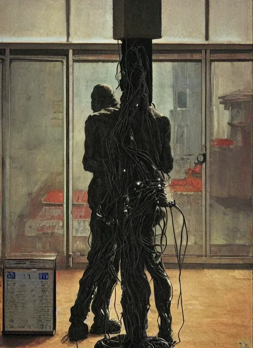 Image similar to 2 dark figures like statues covered in wires at a gas station with portable oxygen tank in the style of Edward Hopper and Francis Bacon and Norman Rockwell, Zdzislaw Beksinski, highly detailed, very coherent