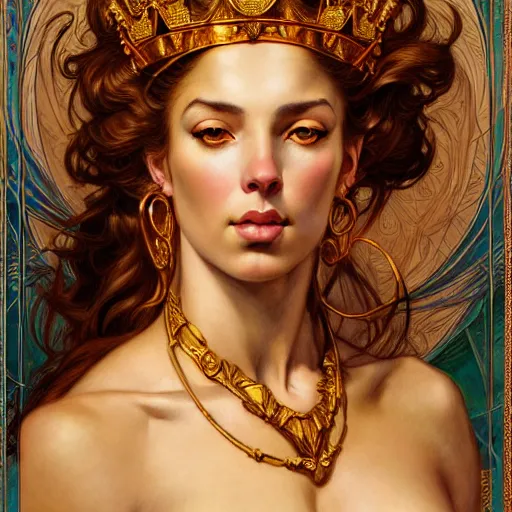 Image similar to highly detailed portrait of a majestic lioness queen in the form of a beautiful woman. d & d. art by eugene delacroix and donato giancola and anna dittmann and, arthur adams, alberto vargas. trending on artstation, intricate details, energetic composition, golden ratio, concept art, illustration, elegant art, global illuminaition