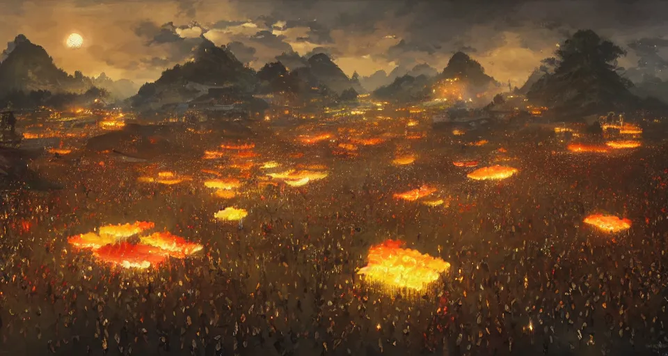 Image similar to craig mullins and ghibli digital art of zhongyuan festival in china ， lanterns in the sky, black night sky, stars, below is the crowd, rivers, villages ， unreal engine, hyper realism, realistic shading, cinematic composition, realistic render, octane render, detailed textures, photorealistic, wide shot