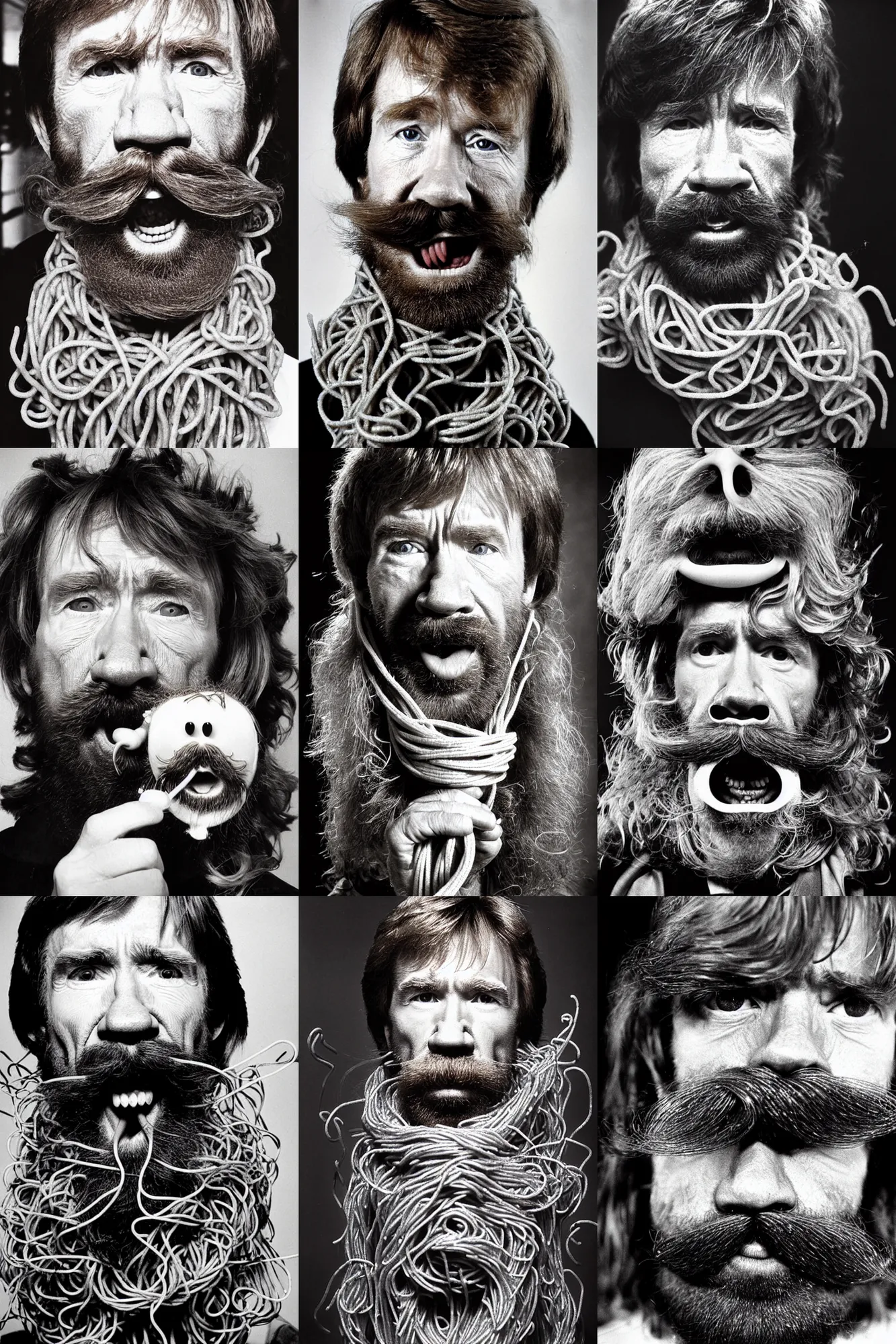 Prompt: extremely detailed portrait of chuck norris, spaghetti mustache, slurping spaghetti, spaghetti in the nostrils, spaghetti hair, spaghetti beard, huge surprised eyes, shocked expression, scarf made from spaghetti, full frame, award winning photo by letizia battaglia