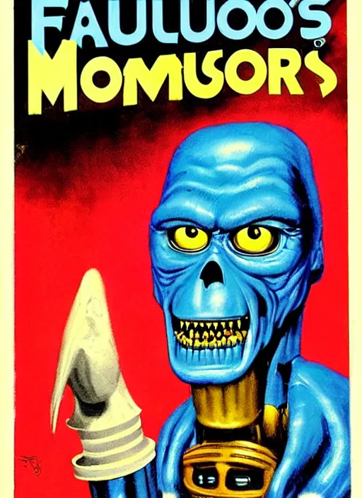 Prompt: portrait of a robo - monster. cover of famous monsters of filmland, 1 9 7 4, painted by basil gogos.