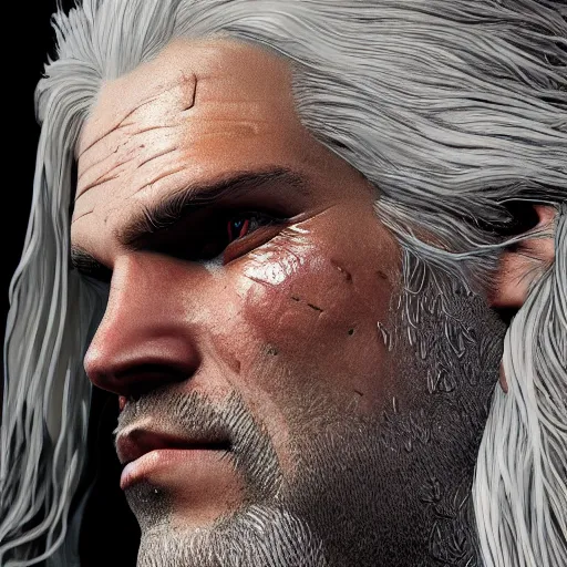 Prompt: close up of Geralt of Rivia, depth of field, 8k, 35mm film grain, unreal engine 5 render dramatic, intricate, elegant, highly detailed, digital painting, artstation, concept art, smooth, sharp focus, illustration, octane render, art by Leesha Hannigan, Ross Tran, Thierry Doizon, Kai Carpenter, Ignacio Fernández Ríos