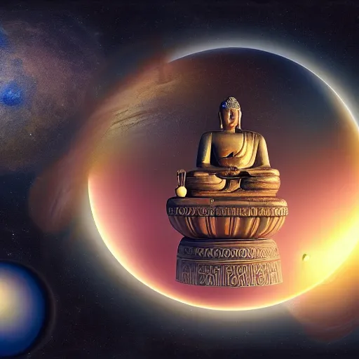 Prompt: giant Buddha floating among the planets in the solar system, oil on canvas, intricate, 8k highly professionally detailed, HDR, CGsociety