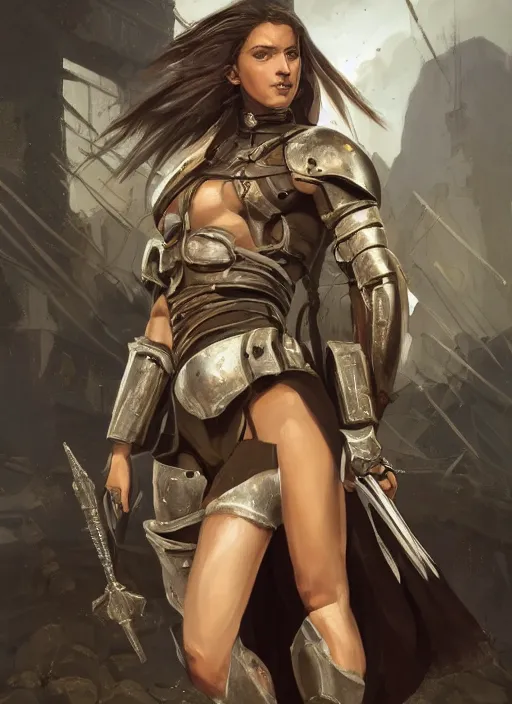 Image similar to a professionally painting of an attractive young girl, partially clothed in battle armor, olive skin, long dark hair, beautiful bone structure, perfectly proportioned, symmetrical facial features, intricate, elegant, heroic pose, digital painting, concept art, smooth, sharp focus, finely detailed, beautifully framed, from Metal Gear, in the style of Greg Rutkowski and William-Adolphe Bouguerea, trending on Artstation, award winning