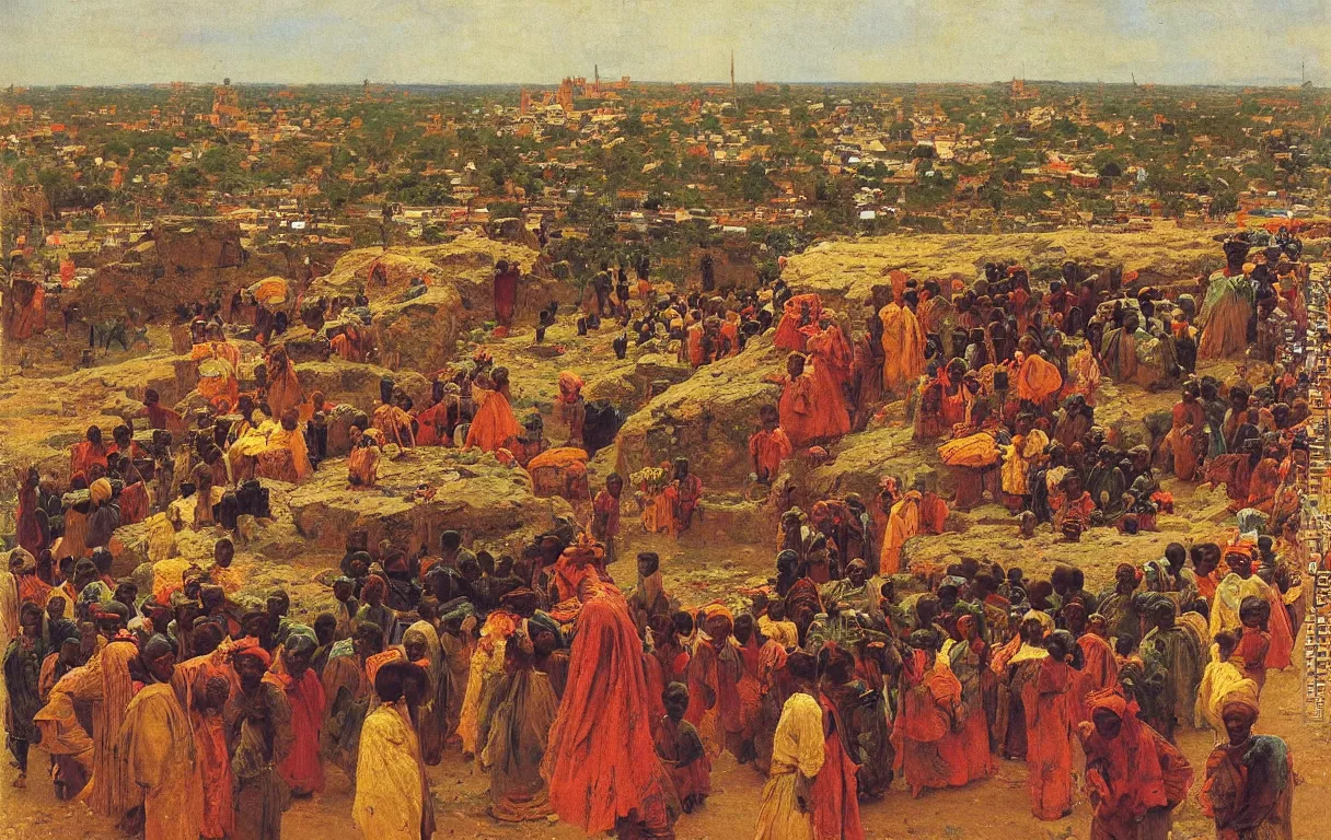 Prompt: abeokuta in nigeria surrounded by tall defensive wall, from above, 1885, bright colors oil on canvas, by Ilya Repin