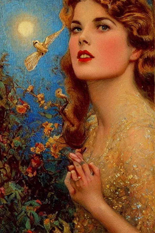 Image similar to A young and extremely beautiful Grace Kelly explaining the birds and the bees in the style of Gaston Bussière, art nouveau, art deco. Extremely lush detail. Night scene. Perfect composition and lighting. Surreal. A shaft of moonlight illuminates her.