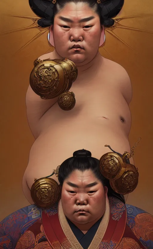 Image similar to a dynamic portrait of a gigantic sumo empress, a fat tank monster, baroque, piglets, concept art, deep focus, fantasy, intricate, highly detailed, digital painting, artstation, matte, sharp focus, illustration, art by greg rutkowski and alphonse mucha