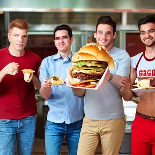 Prompt: 5 males entering the fast food chain five guys and requesting a bacon cheeseburger and cajun seasoned fries