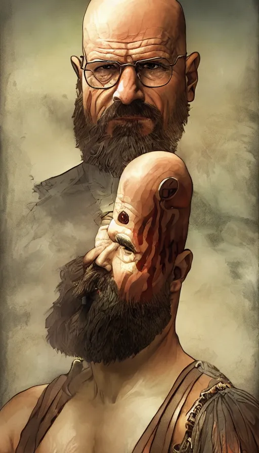 Image similar to Heisenberg as Kratos, highly detailed, digital painting, artstation, concept art, smooth, sharp focus, illustration, ArtStation, art by artgerm and greg rutkowski and alphonse mucha and J. C. Leyendecker and Edmund Blair Leighton and Katsuhiro Otomo and Geof Darrow and Phil hale and Ashley wood and Ilya repin and Charlie Bowater