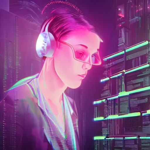 Prompt: closeup of the moment of enlightenment for an female cyborg in a room of books, dark, cyberpunk, vaporwave