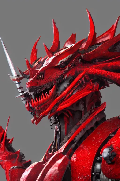 Image similar to a mechanical dragon samurai in red japanese armor, full body, photography, trending on artstation, high details, unreal engine 5, 8k, ultra realistic, wide angle