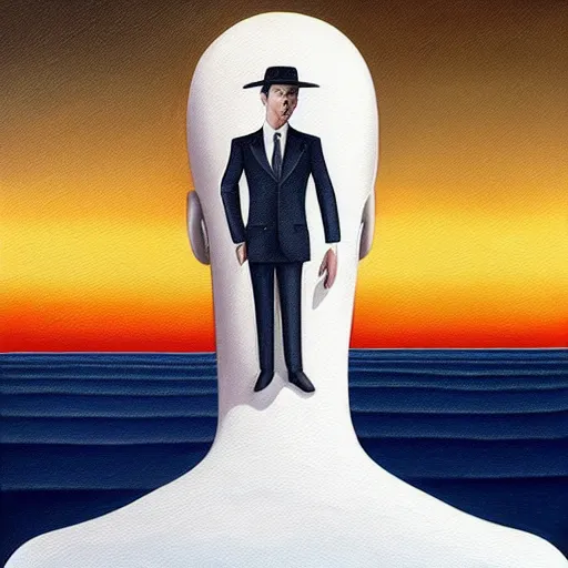 Image similar to a painting of a stylish person in the future, an ultrafine detailed painting by rafal olbinski, behance contest winner, pop surrealism, detailed painting, very detailed, minimalist, skeuomorphic, airbrush art