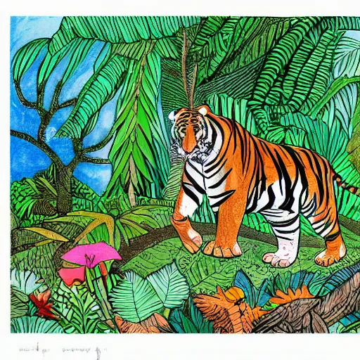 Image similar to detailed illustration, a tiger and elephant in the style of may gibbs, layered composition, layers, texture, textured, layered, sculpted, dynamic, jungle, tropical, 🌱, 🦋,