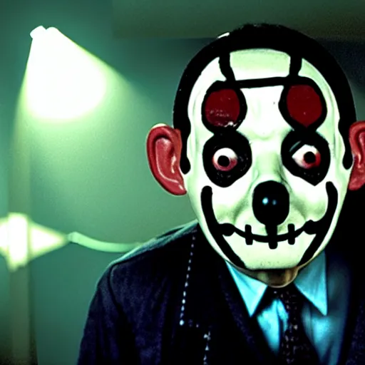 Prompt: mr. bean as jigsaw killer from the saw movies. movie still. cinematic lighting.