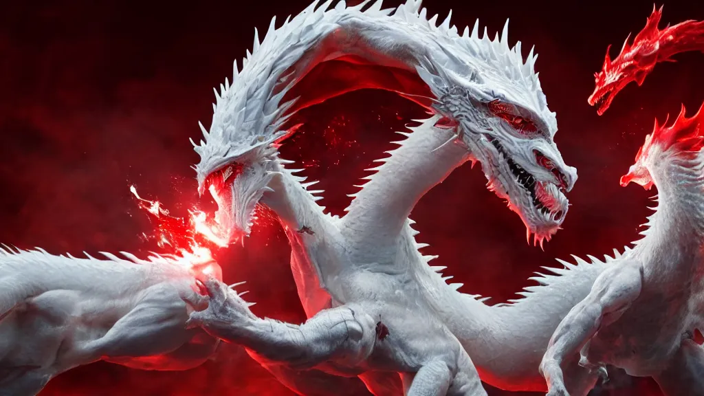 Prompt: a photorealistic dramatic fight - scene between a white and a red dragon, dramatic lighting, gritty, brutal, ultra realistic details, 8 k