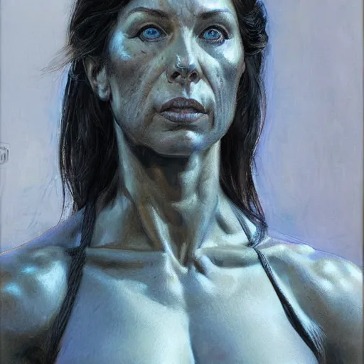 Image similar to frontal portrait of a muscular female survivor in a city, by donato giancola.