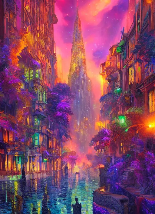 Image similar to ethereal starlit city of magic lost in time at sunset, art station, fauvism, matte painting, felix kelly, johan grenier, hd, digital painting