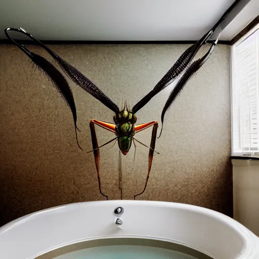 Image similar to cinematic photo of a giant taxidermized praying mantis in a bathtub