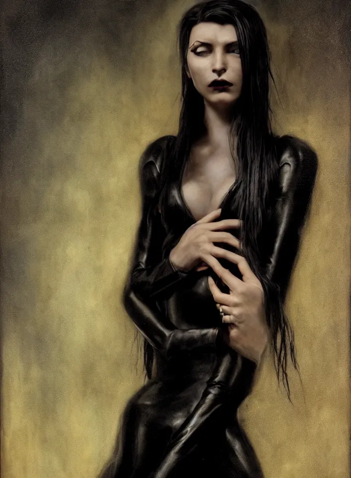 Image similar to a half portrait of a young female vampire sorceress wearing a black leather dress from skyrim, fantasy setting, beautiful face, dark colors, scary lighting, atmospheric, cinematic, moody, in the style of diego koi, gina heyer, luiz escanuela, art by alyssa monk, hyperrealism, rule of thirds, golden ratio, oil on canvas, 8 k