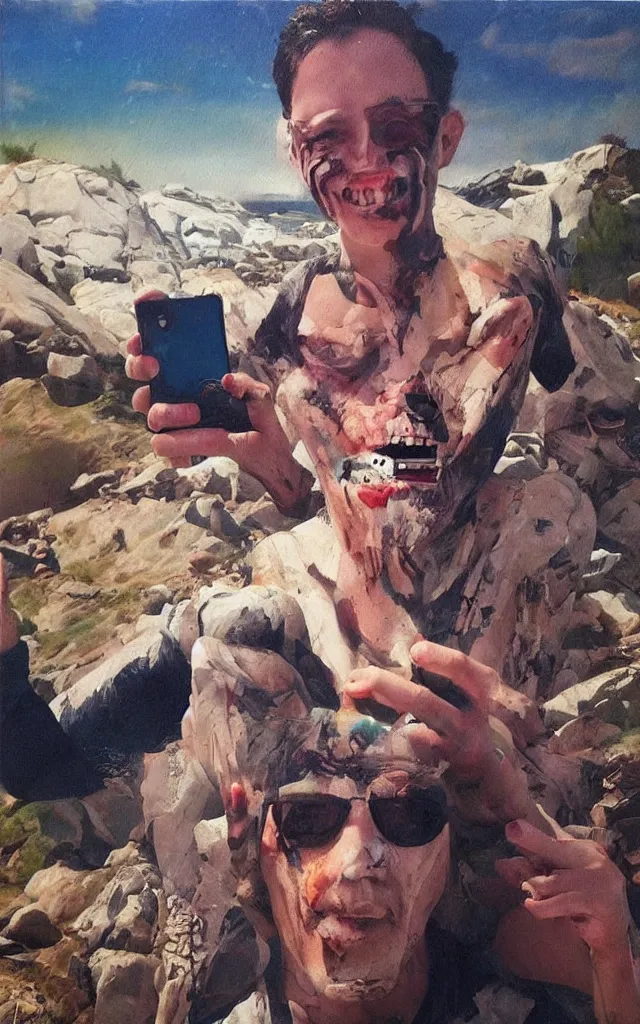 Image similar to painting called the last selfie on earth, scary, trending on instagram