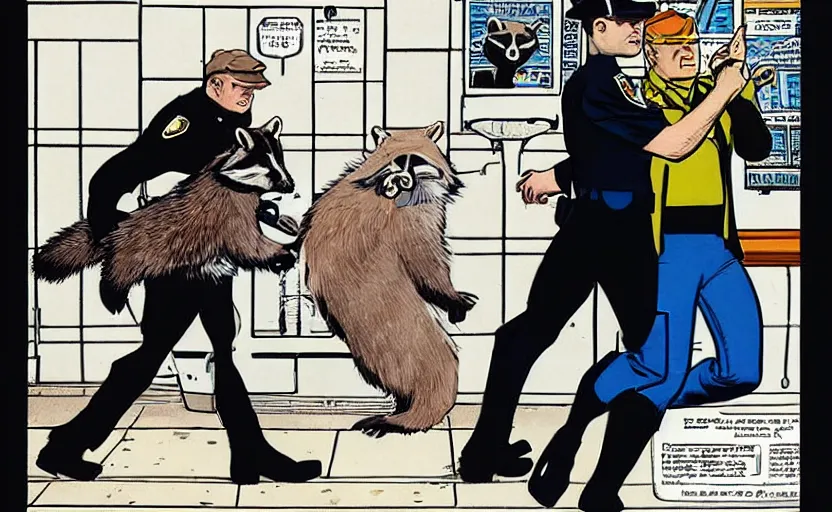 Prompt: a police officer leading a raccoon into the police station by howard chaykin
