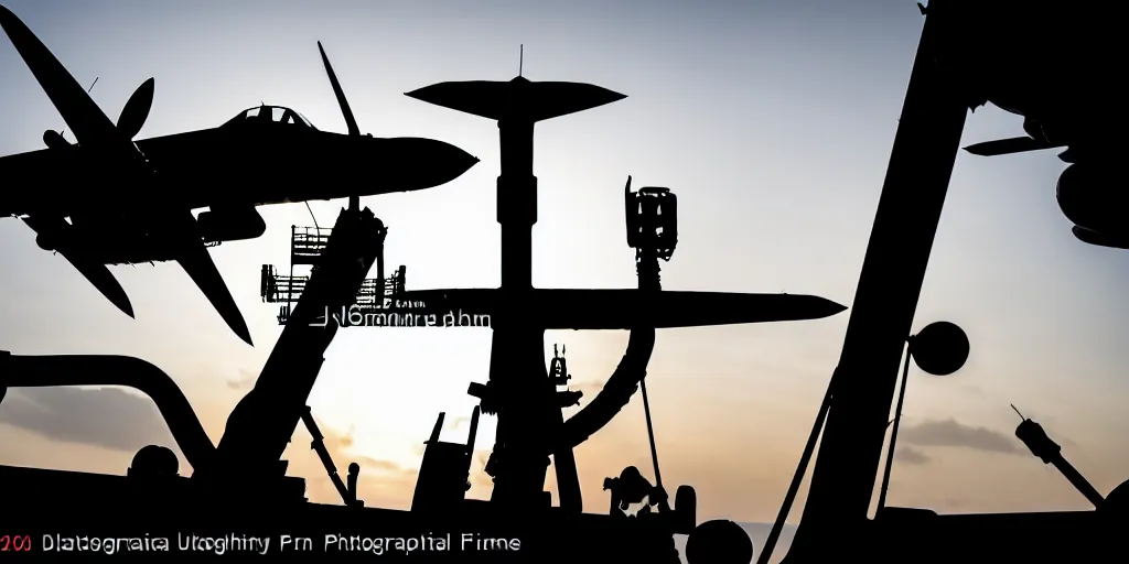 Image similar to warplane stand still on war ship, a dog cartoon symbol on its tail, sun on the background, a little bit silhouette, high quality, award winning photography, photo professional, photography, 2 4 mm lens, f 2. 0, high quality, sharpen, detailed, 8 k, hd, uhd, color grading