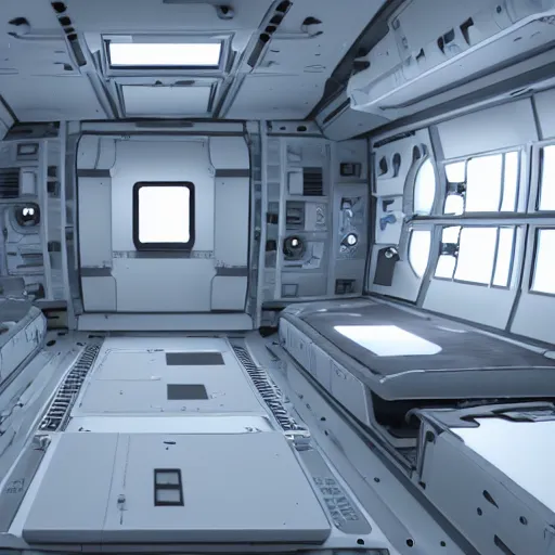 Prompt: Room of a spacecraft, with a bunk, photo realistic, playing, CGI, Unreal Engine, Hdri