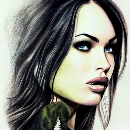 Image similar to realism tattoo sketch of double exposure megan fox with beautiful mountain scenery, in the style of andrey lukovnikov