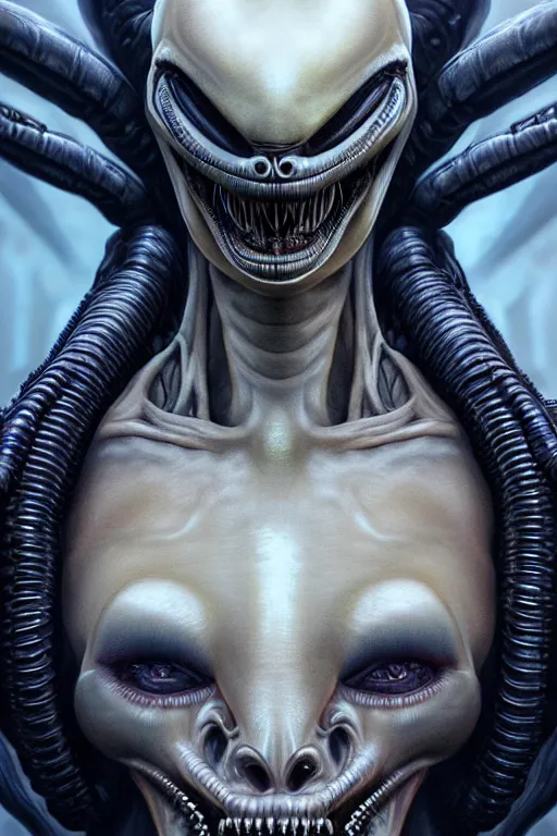 Image similar to alien xenomorph queen, close - up portrait, crown of bones, intricate, elegant, volumetric lighting, scenery, digital painting, highly detailed, artstation, sharp focus, illustration, concept art, luis rollo, ruan jia, steve mccurry