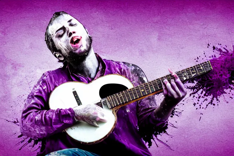 Image similar to dripping purple faded paint across the shape of a male human playing guitar, realistic, high detail, on a white damage background