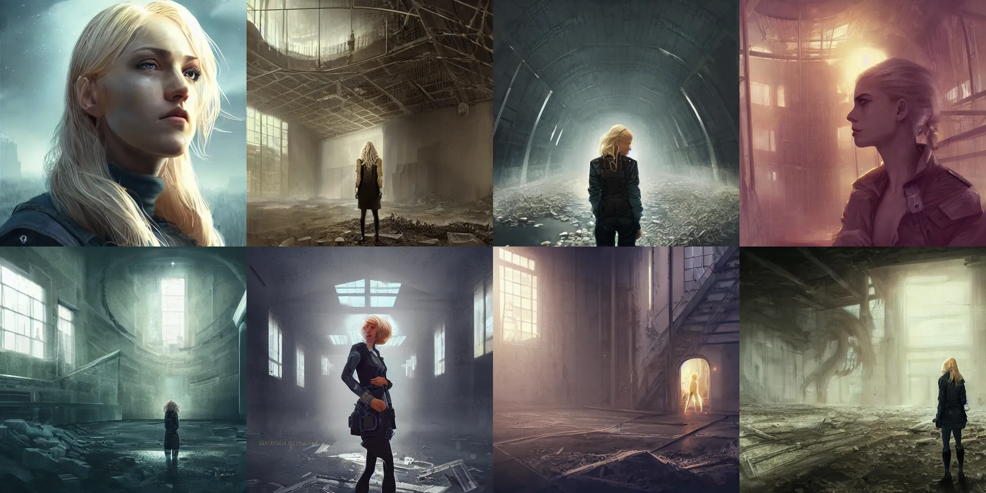 Prompt: a beautiful blonde haired detective woman exploring an abandoned scp foundation site, epic composition, intricate details, hyper detailed, 8 k, volumetric light, dark atmosphere, face by charlie bowater and ilya kushinov