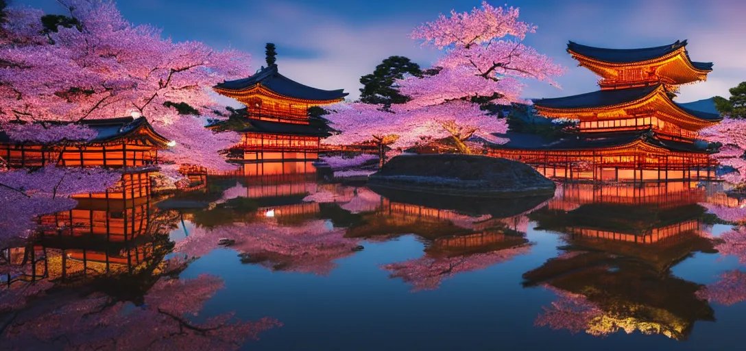 Prompt: very beautiful view of an ancient japanese city at night, large temples with glowing windows, glowing cherry blossom trees, watery lake with dappled reflections, icy mountains in the background, calm clouds, cinematic lighting, ultra detailed, sharp, ambient occlusion, raytracing, by dylan cole, sebastian meyer and jordan grimmer