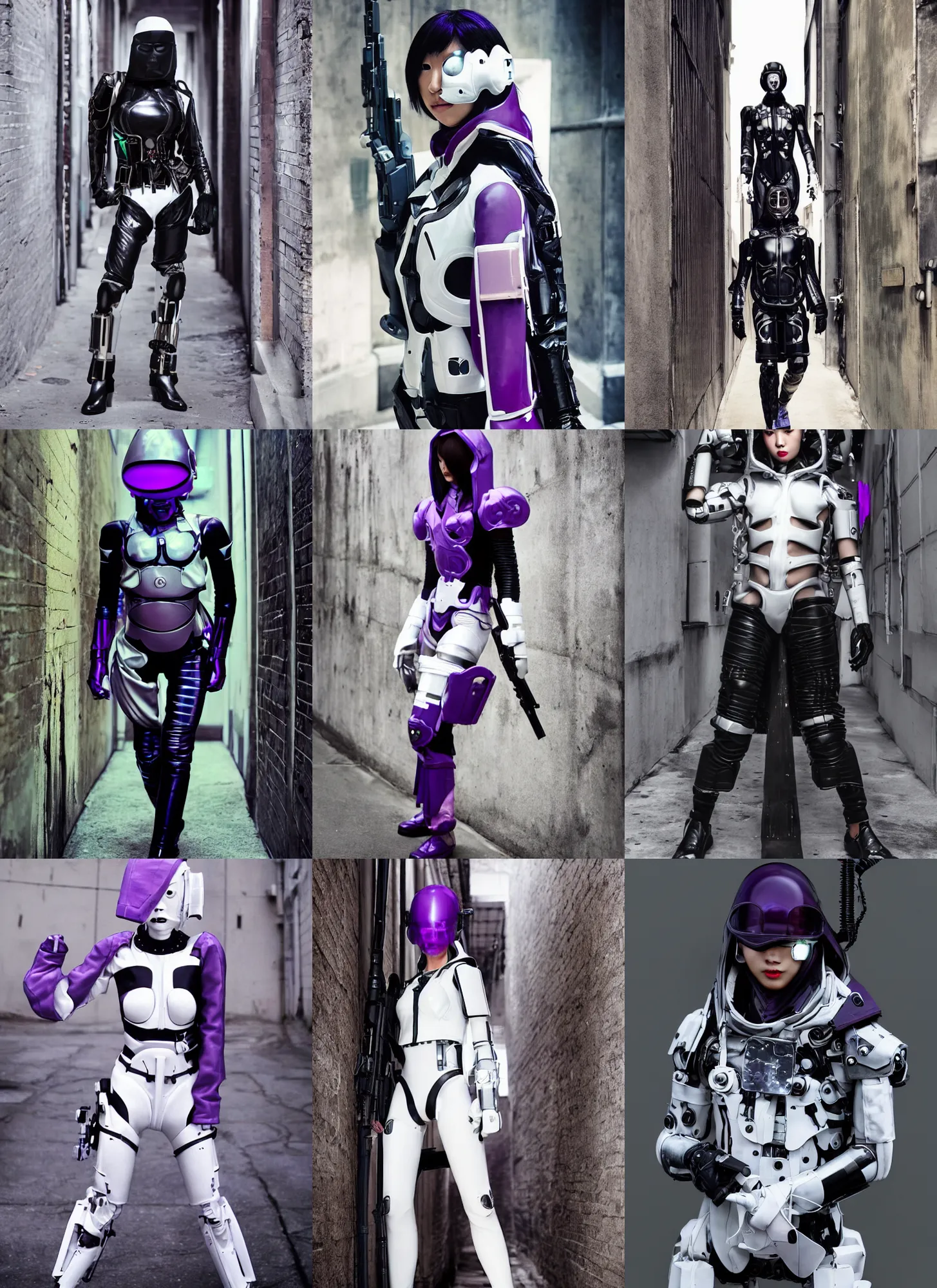 Prompt: cyborg ulzzang with white sci - fi tactical gear, black leather garment, purple transparent sci - fi hood, full shot fashion photography, alleyway, by irving penn and storm thorgerson, ren heng, peter elson