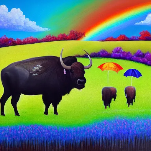 Image similar to buffalos grazing a field of umbrellas with a waterfall and a rainbow in the background, oil on canvas